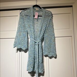 POL Light Blue Crochet Open Cardigan